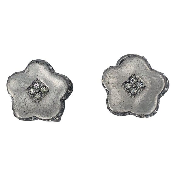 Piscitelli Crystal Silver Flower Button Earrings Designer Piscitelli  Signed - Picture 2 of 12